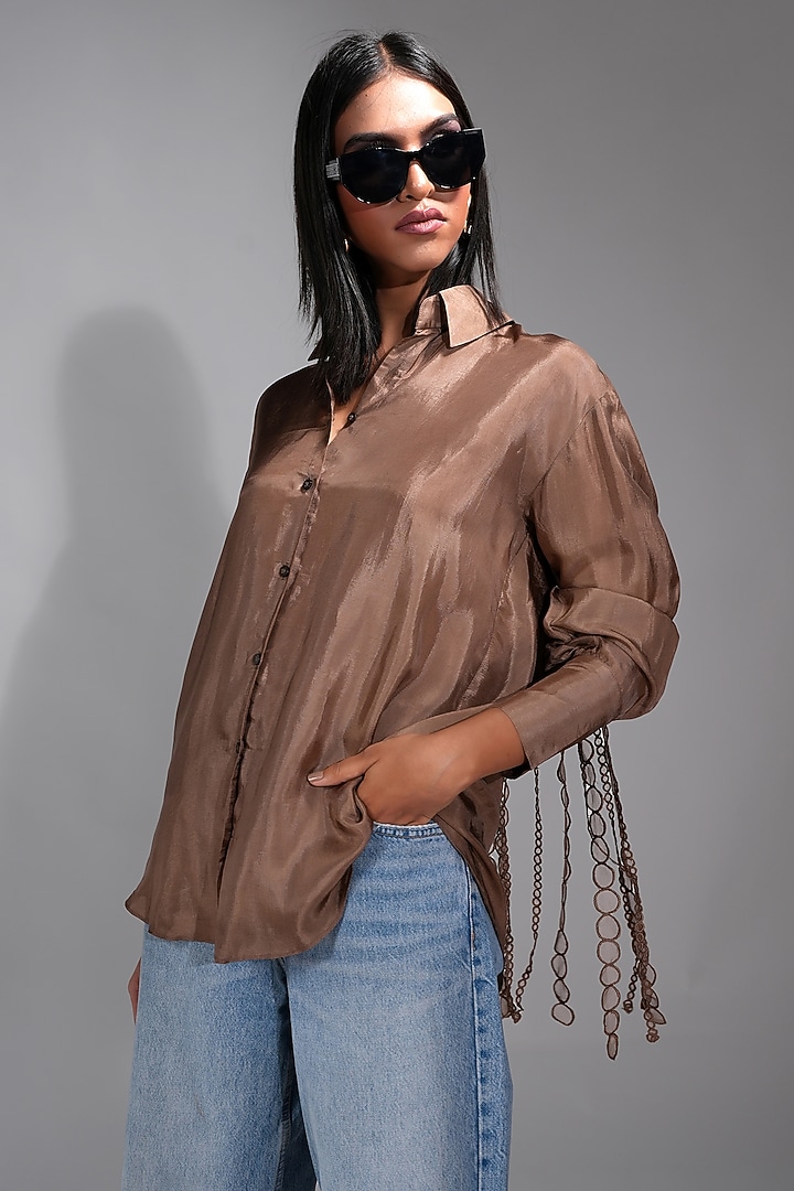 Peanut Brown Silk Thread Work Shirt by Shruti S at Pernia's Pop Up Shop