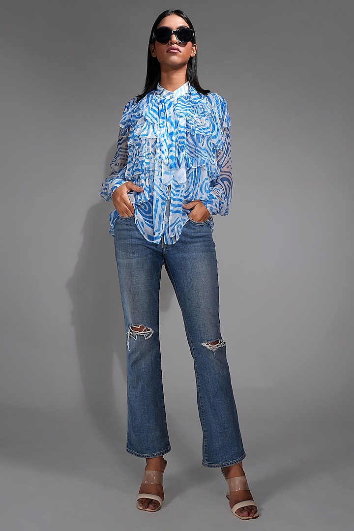 Cerulean Blue Chiffon Abstract Printed Ruffled Shirt by Shruti S at Pernia's Pop Up Shop