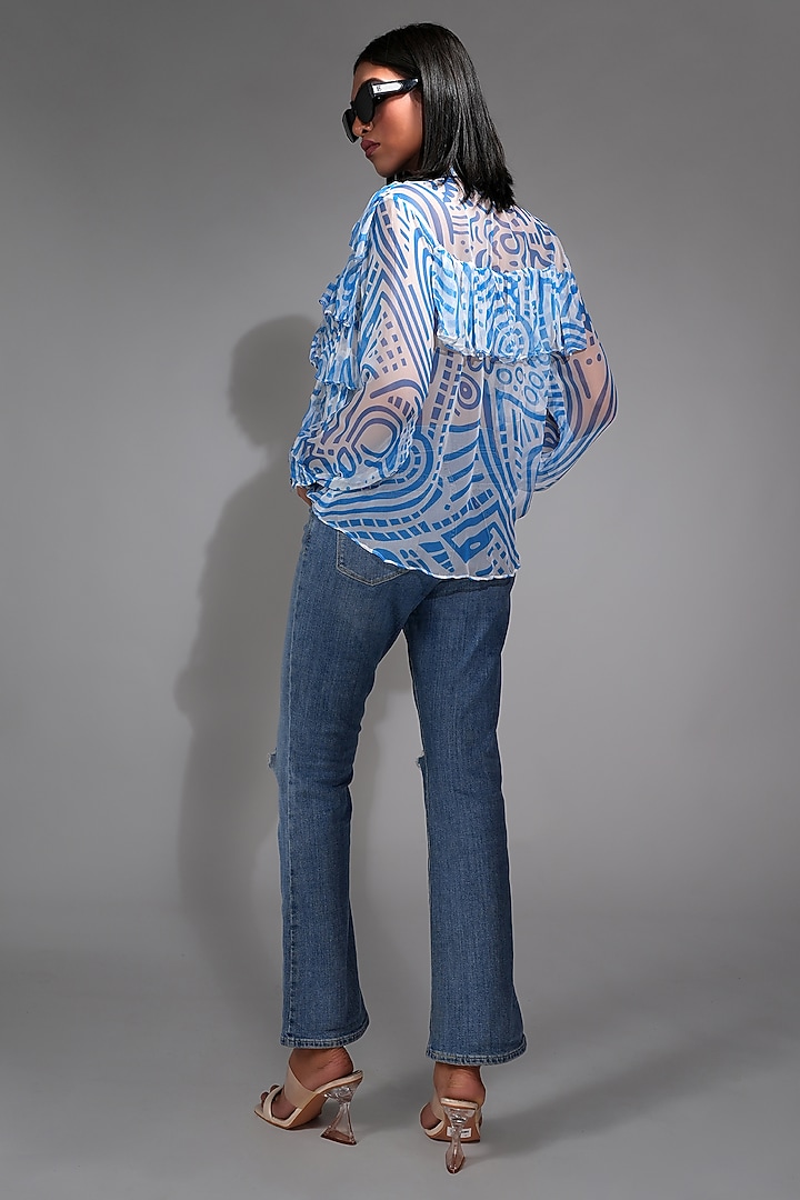 Cerulean Blue Chiffon Abstract Printed Ruffled Shirt by Shruti S at Pernia's Pop Up Shop