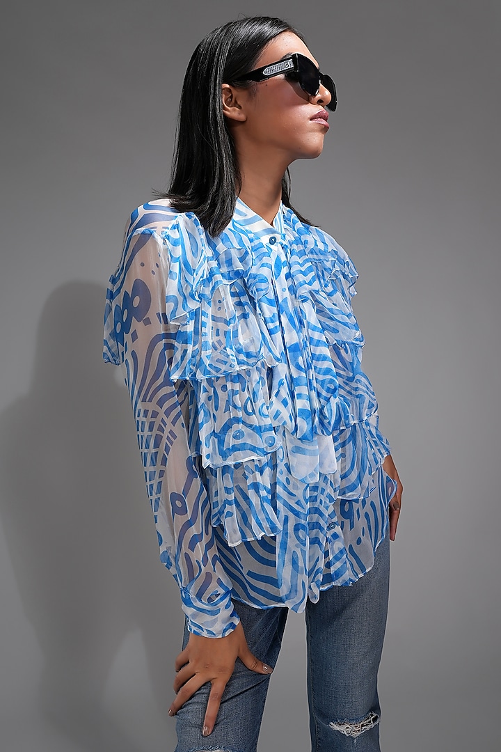 Cerulean Blue Chiffon Abstract Printed Ruffled Shirt by Shruti S at Pernia's Pop Up Shop