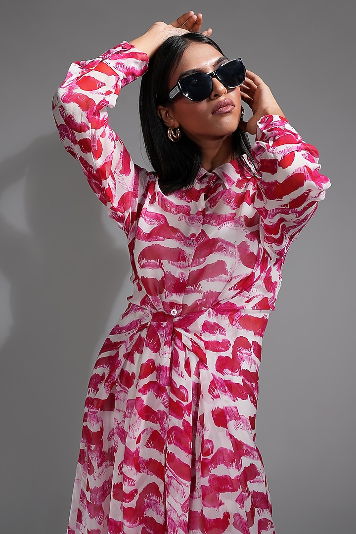 Pink Georgette Abstract Digital Printed Vacation Shirt Dress by Shruti S at Pernia's Pop Up Shop