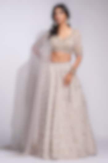 Beige Silk Upcycled Sequins Embroidered Wedding Lehenga Set by Shruti S at Pernia's Pop Up Shop