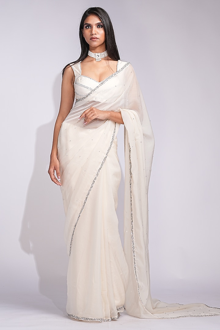 Off-White Organza Crystal Embroidered Wedding Saree Set by Shruti S at Pernia's Pop Up Shop