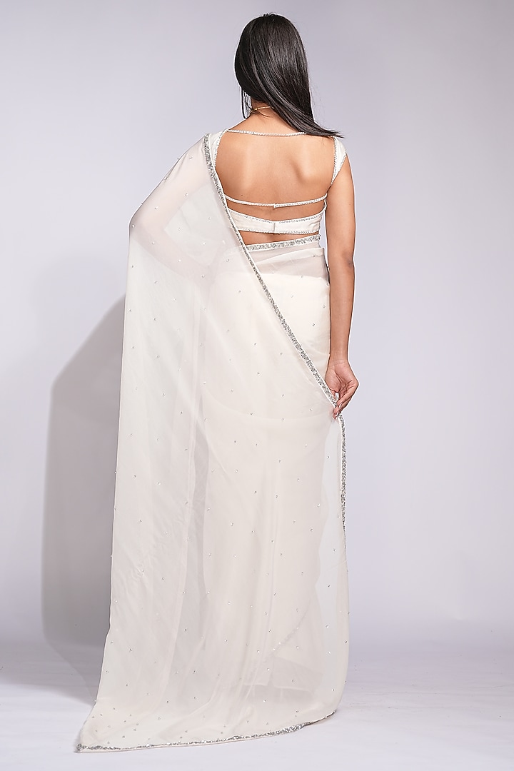 Off-White Organza Crystal Embroidered Wedding Saree Set by Shruti S at Pernia's Pop Up Shop
