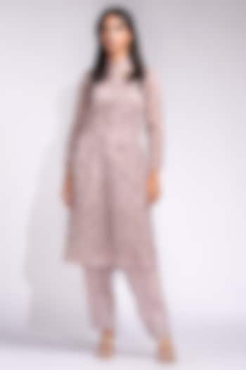 Rose Gold Organza Zari Embroidered A-Line Kurta Set by Shruti S at Pernia's Pop Up Shop