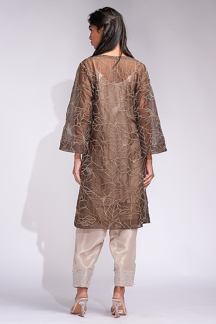 Brown Organza Zari Embroidered A-Line Kurta Set by Shruti S at Pernia's Pop Up Shop