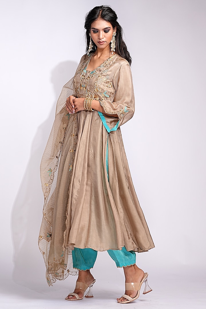 Gold Silk Hand Embroidered Wedding Anarkali Set by Shruti S at Pernia's Pop Up Shop