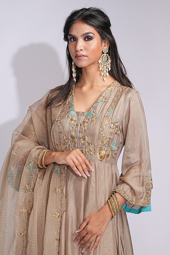 Gold Silk Hand Embroidered Wedding Anarkali Set by Shruti S at Pernia's Pop Up Shop