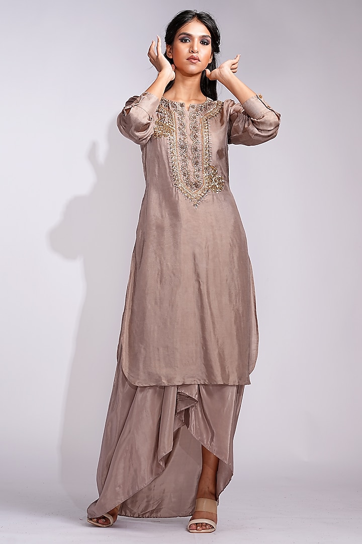 Light Brown Silk Dhoti Skirt Set by Shruti S at Pernia's Pop Up Shop