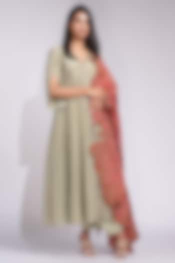 Sage Green Silk Zari Embroidered Wedding Anarkali Set by Shruti S at Pernia's Pop Up Shop