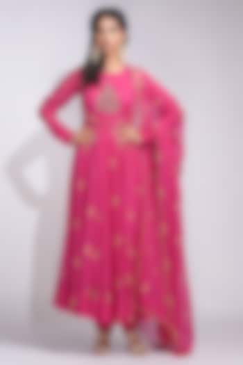Hot Pink Soft Organza Handblock printed Jacket Wedding Anarkali Set by Shruti S at Pernia's Pop Up Shop