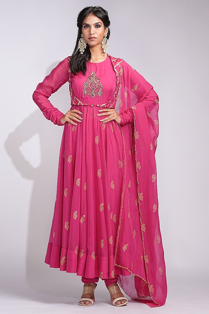 Hot Pink Soft Organza Handblock printed Jacket Wedding Anarkali Set by Shruti S at Pernia's Pop Up Shop