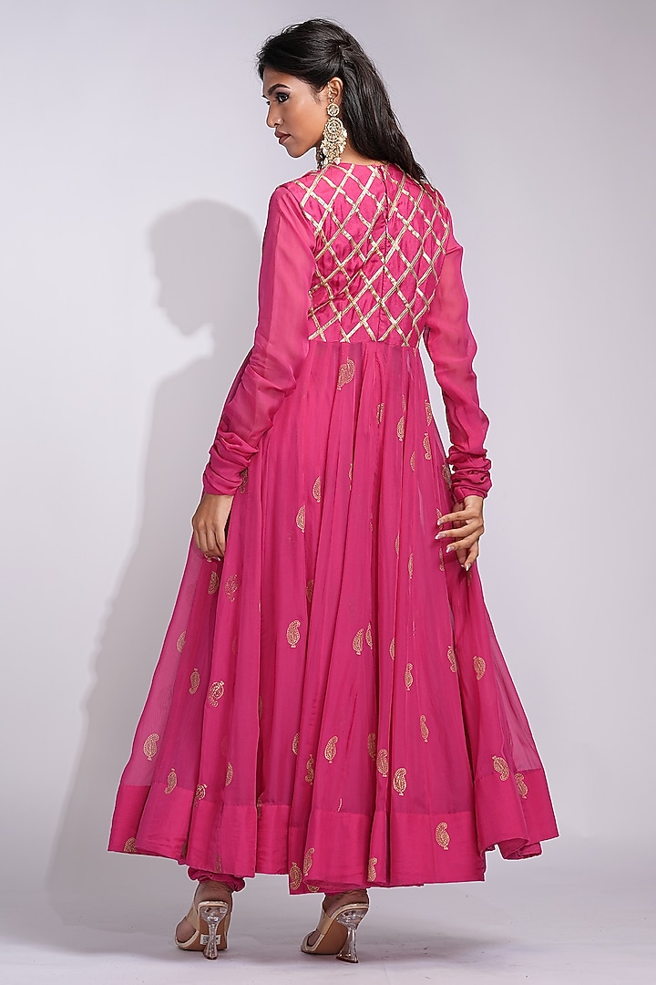 Hot Pink Soft Organza Handblock printed Jacket Wedding Anarkali Set by Shruti S at Pernia's Pop Up Shop