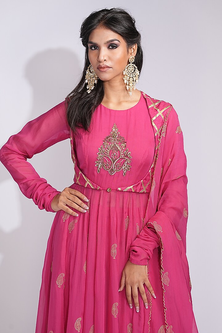 Hot Pink Soft Organza Handblock printed Jacket Wedding Anarkali Set by Shruti S at Pernia's Pop Up Shop
