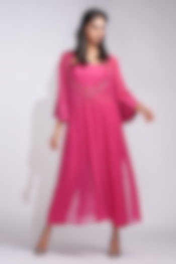 Hot Pink Soft Organza Upcycled Sequins Embroidered Wedding Anarkali Set by Shruti S at Pernia's Pop Up Shop