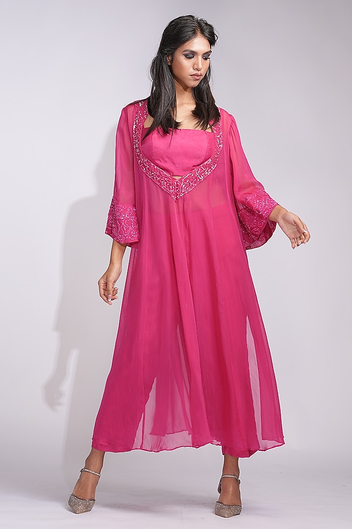 Hot Pink Soft Organza Upcycled Sequins Embroidered Wedding Anarkali Set by Shruti S at Pernia's Pop Up Shop