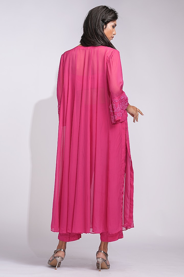 Hot Pink Soft Organza Upcycled Sequins Embroidered Wedding Anarkali Set by Shruti S at Pernia's Pop Up Shop