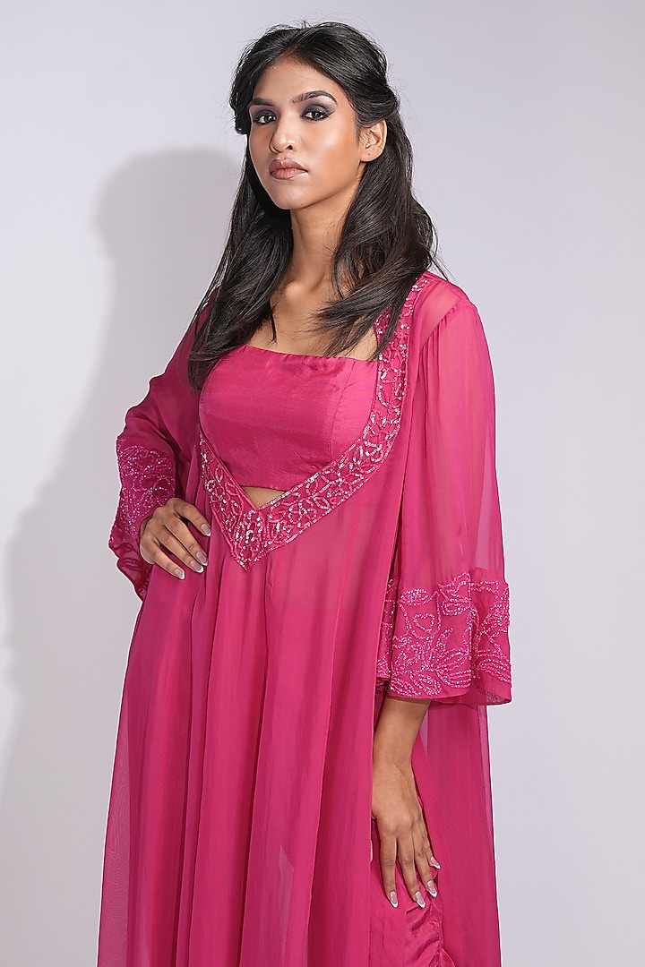 Hot Pink Soft Organza Upcycled Sequins Embroidered Wedding Anarkali Set by Shruti S at Pernia's Pop Up Shop