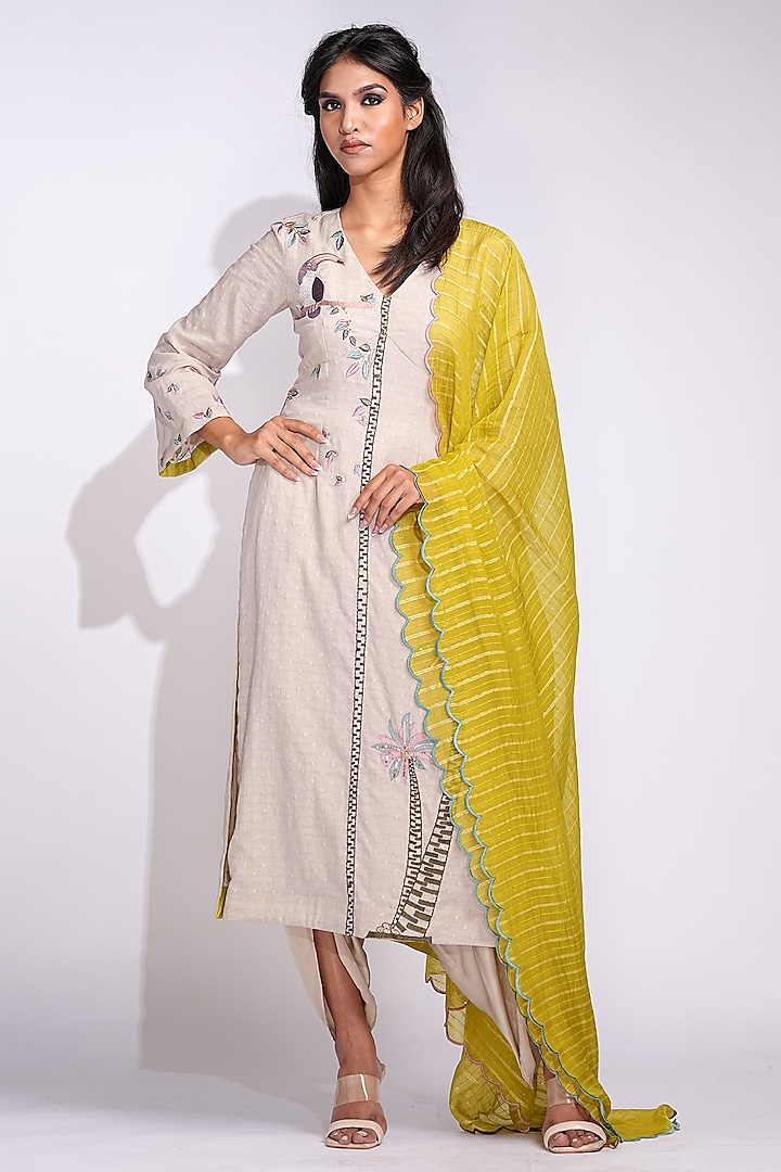 Beige Cotton Hand Embroidered Kurta Set by Shruti S at Pernia's Pop Up Shop