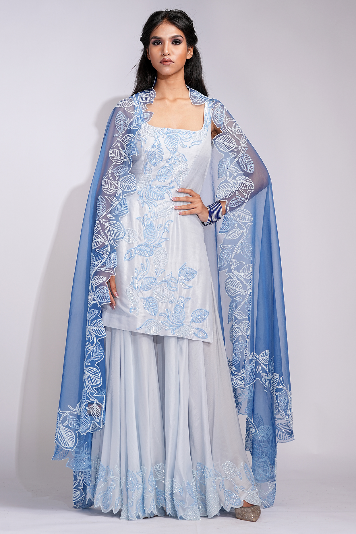 Powder Blue Flat Silk Upcycled Sequins Embroidered Wedding Sharara Set by Shruti S at Pernia's Pop Up Shop