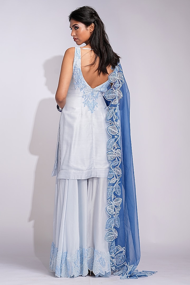 Powder Blue Flat Silk Upcycled Sequins Embroidered Wedding Sharara Set by Shruti S at Pernia's Pop Up Shop