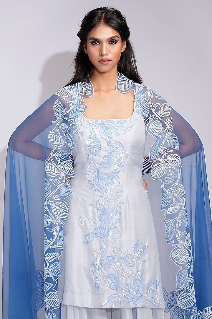 Powder Blue Flat Silk Upcycled Sequins Embroidered Wedding Sharara Set by Shruti S at Pernia's Pop Up Shop