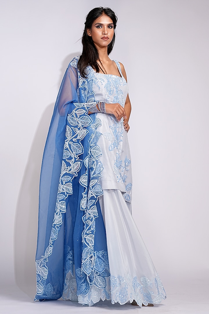 Powder Blue Flat Silk Upcycled Sequins Embroidered Wedding Sharara Set by Shruti S at Pernia's Pop Up Shop