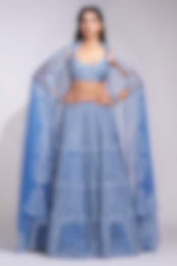 Cobalt Blue Silk Upcycled Sequins Embroidered Wedding Lehenga Set by Shruti S at Pernia's Pop Up Shop