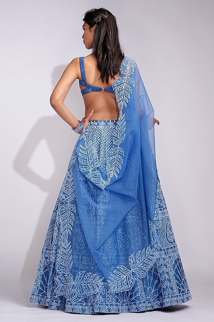 Cobalt Blue Silk Upcycled Sequins Embroidered Wedding Lehenga Set by Shruti S at Pernia's Pop Up Shop