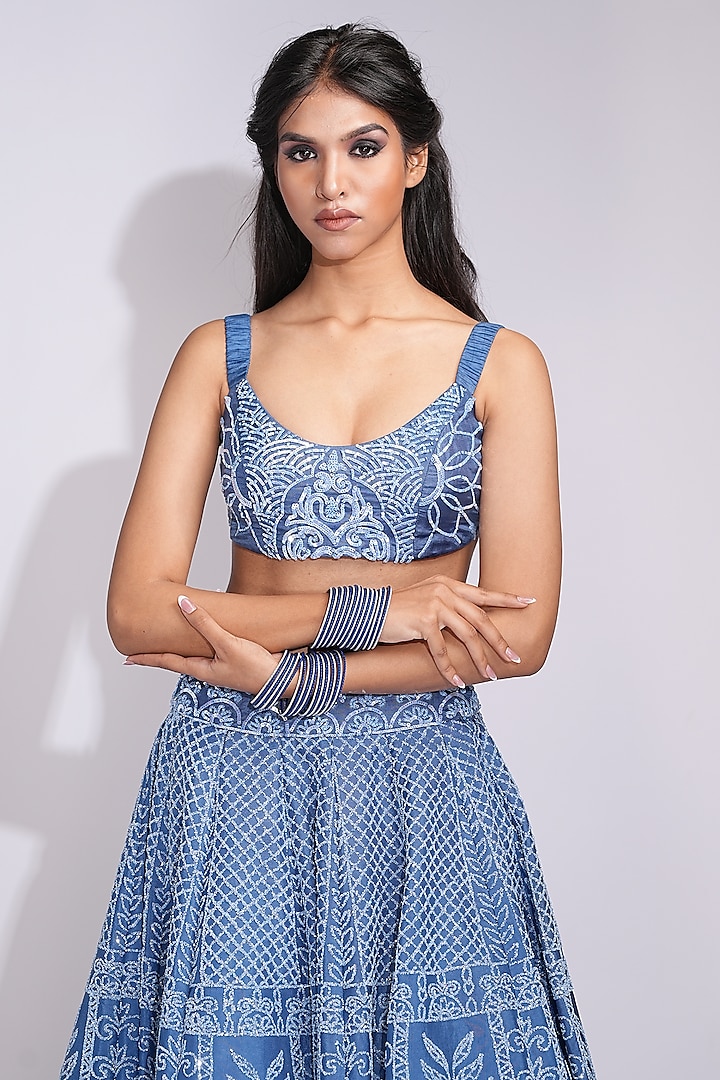 Cobalt Blue Silk Upcycled Sequins Embroidered Wedding Lehenga Set by Shruti S at Pernia's Pop Up Shop