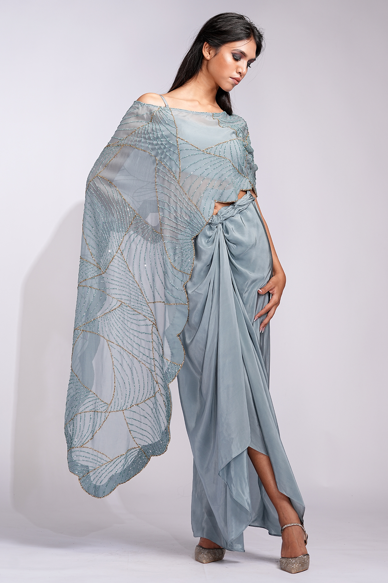 Grey Soft Organza Upcycled Sequins Work Cape Set by Shruti S at Pernia's Pop Up Shop