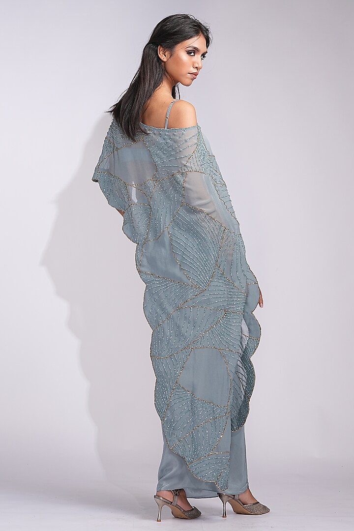 Grey Soft Organza Upcycled Sequins Work Cape Set by Shruti S at Pernia's Pop Up Shop