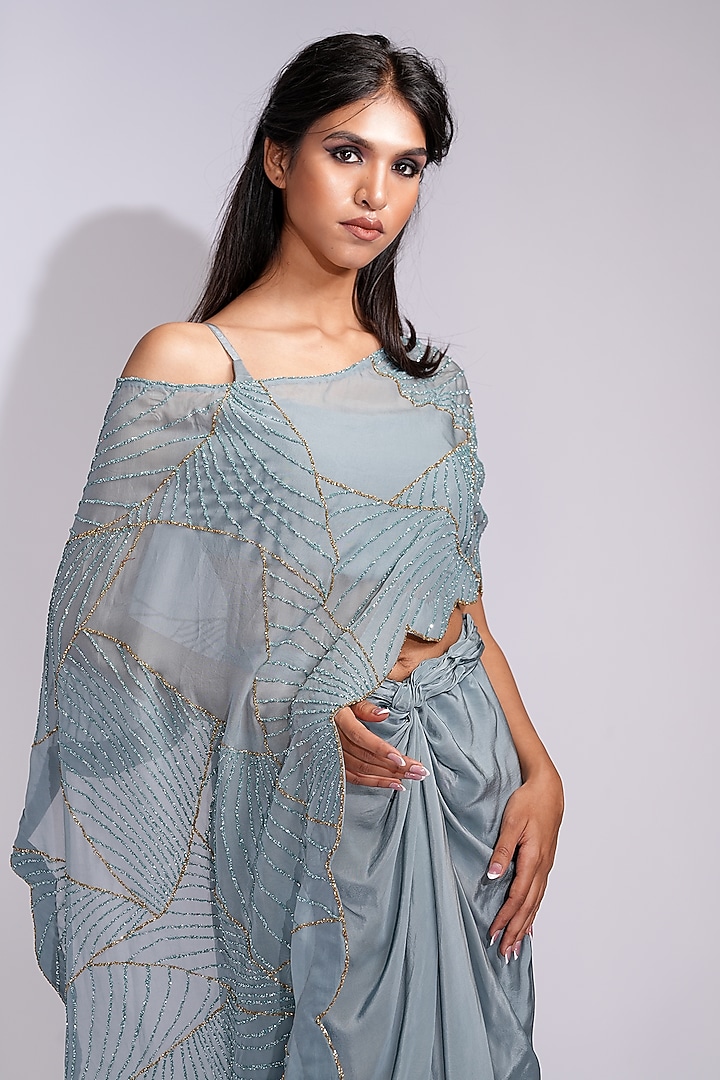 Grey Soft Organza Upcycled Sequins Work Cape Set by Shruti S at Pernia's Pop Up Shop