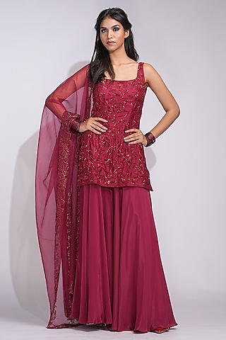Dark Red Modal Satin Sharara Set by Shruti S
