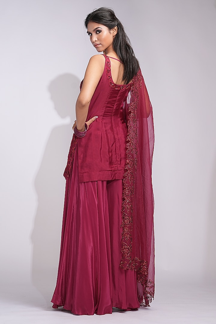 Dark Red Modal Satin Wedding Sharara Set by Shruti S at Pernia's Pop Up Shop