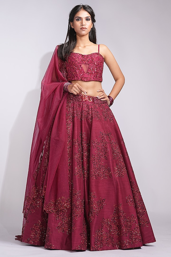 Red Raw Silk Upcycled Embroidered Wedding Lehenga Set by Shruti S at Pernia's Pop Up Shop