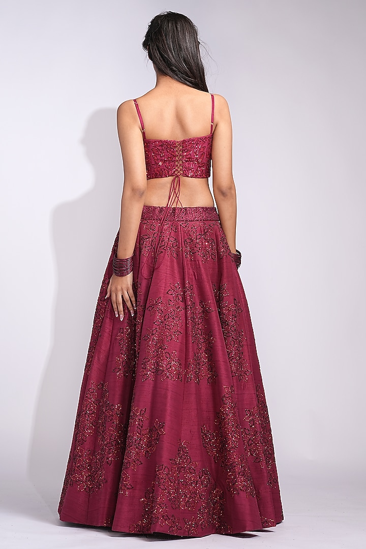 Red Raw Silk Upcycled Embroidered Wedding Lehenga Set by Shruti S at Pernia's Pop Up Shop