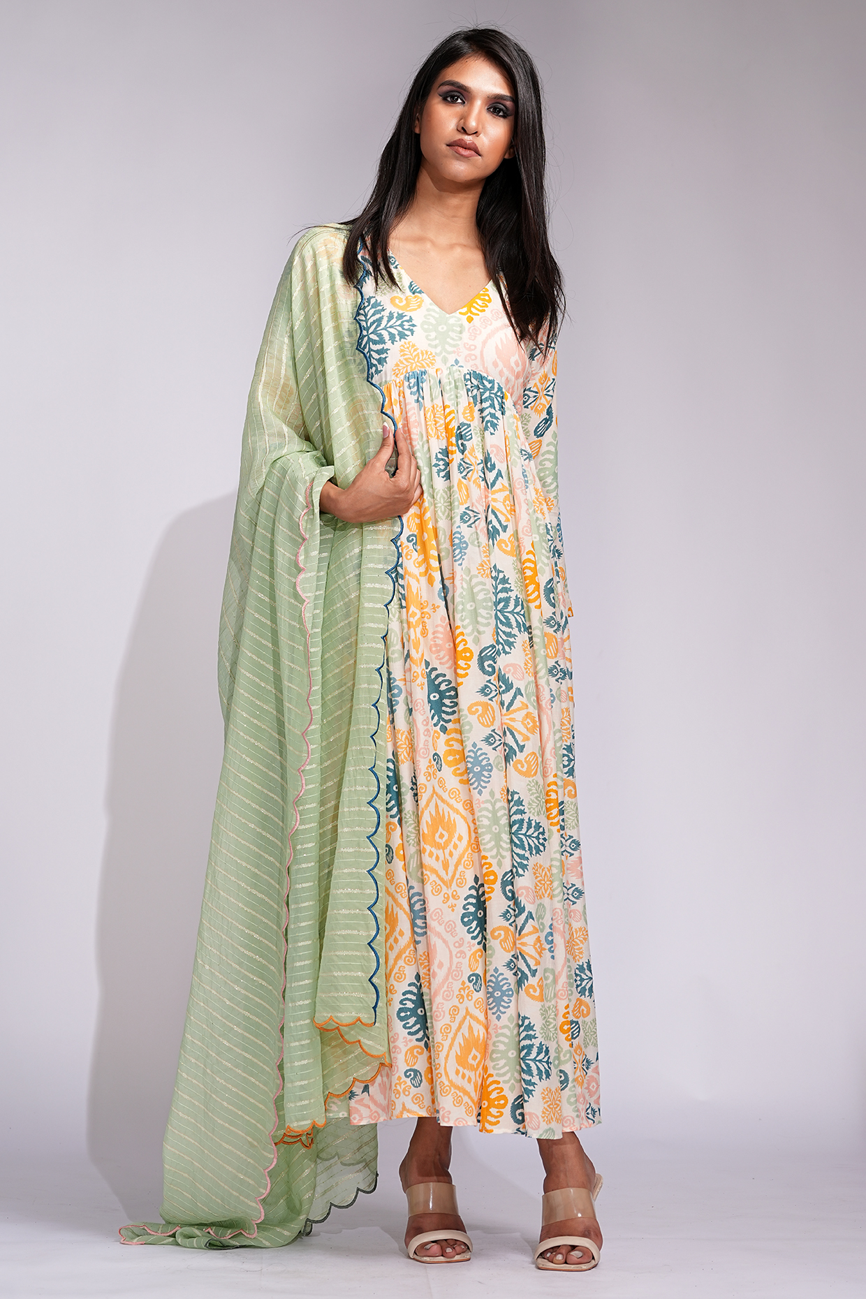 Beige Mulmul Cotton Printed Gathered Wedding Anarkali Set by Shruti S at Pernia's Pop Up Shop