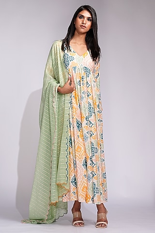 Beige Mulmul Cotton Printed Gathered Anarkali Set by Shruti S