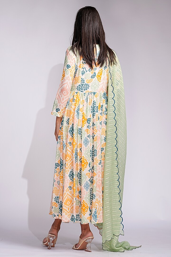 Beige Mulmul Cotton Printed Gathered Wedding Anarkali Set by Shruti S at Pernia's Pop Up Shop