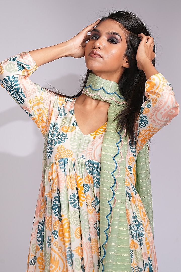 Beige Mulmul Cotton Printed Gathered Wedding Anarkali Set by Shruti S at Pernia's Pop Up Shop