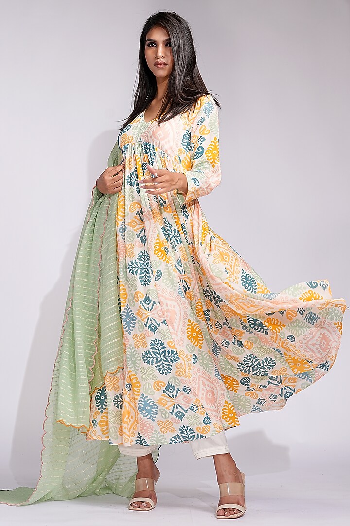 Beige Mulmul Cotton Printed Gathered Wedding Anarkali Set by Shruti S at Pernia's Pop Up Shop