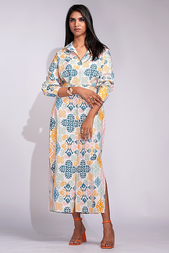 Beige Natural Cotton Printed Shirt Vacation Dress by Shruti S at Pernia's Pop Up Shop