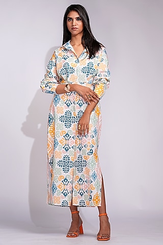 Beige Natural Cotton Printed Shirt Dress by Shruti S