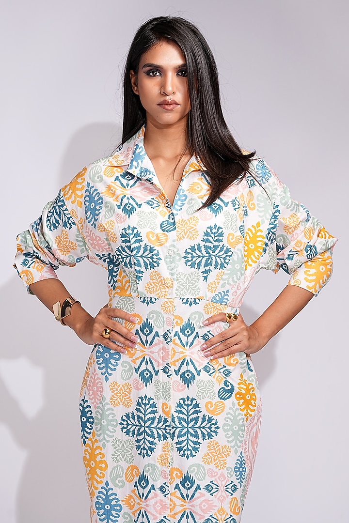 Beige Natural Cotton Printed Shirt Vacation Dress by Shruti S at Pernia's Pop Up Shop