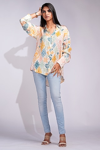 Beige Modal Satin Digital Printed Shirt by Shruti S