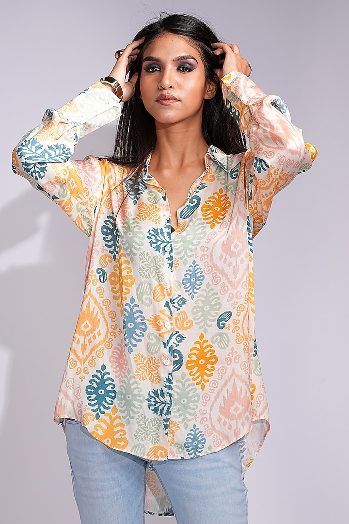 Beige Modal Satin Digital Printed Shirt by Shruti S at Pernia's Pop Up Shop