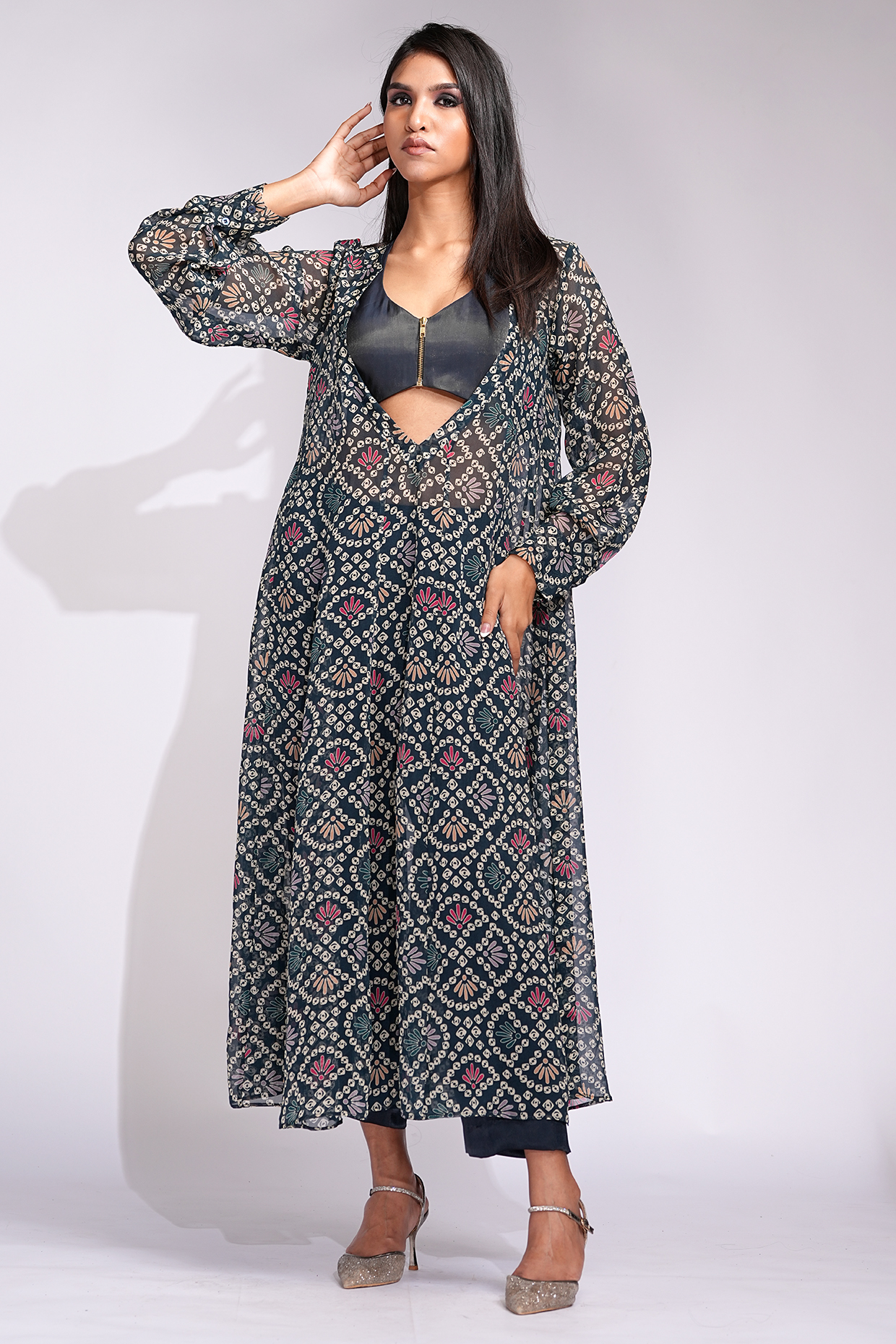 Navy Blue Soft Organza Bandhani Digital Printed Kurta Set by Shruti S at Pernia's Pop Up Shop