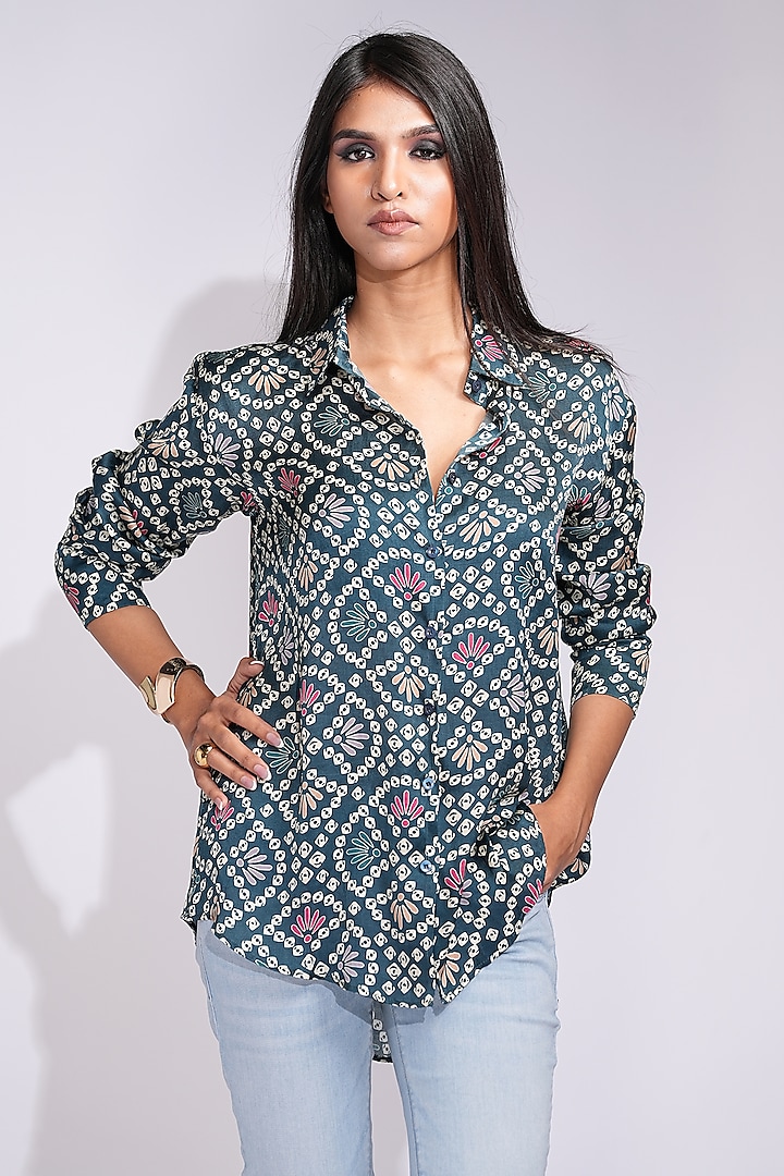 Navy Blue Modal Satin Bandhani Digital Printed Shirt by Shruti S at Pernia's Pop Up Shop