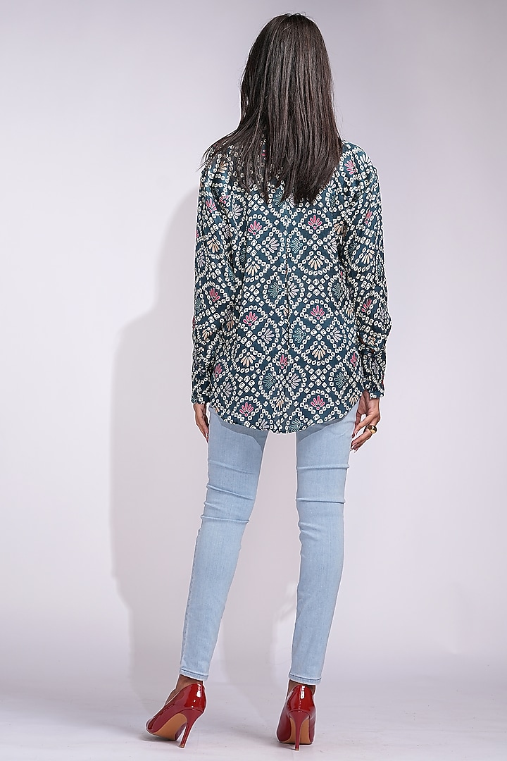 Navy Blue Modal Satin Bandhani Digital Printed Shirt by Shruti S at Pernia's Pop Up Shop